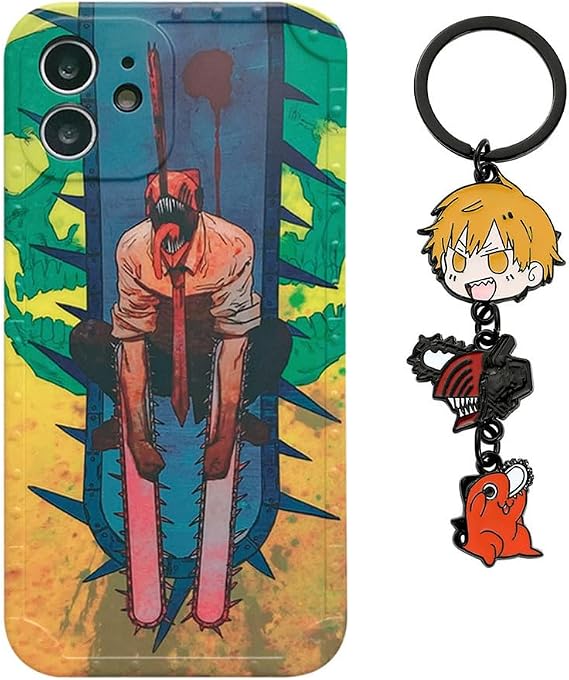 アニメ 携帯電話ケース iPhone 14 Pro Max対応 漫画 チェーンソー マン フィギュア ソフト スマホケース iPhone 14 Pro Max用 キーチェーン付き iPhone 14 Pro Max用 スクワット