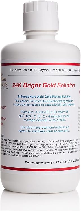 24K Bright Gold Solution - Intended for Bath Electroplating Equipment. (Liquid) The Fastest, Most Durable, Best Value, Most Consistent Gold Solution.Trusted Name in The Industry