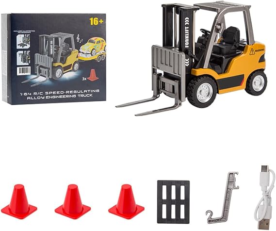 Mini RC Forklift Truck, 1/64 Scale 2.4G Mini Alloy RC Forklift Truck with Wireless Controller, Cargo Hook, Forks and Pallet, Engineering Construction Vehicles for Adults and Youth (Yellow)