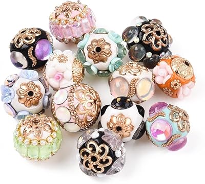 DanLingJewelry 5Pcs Handmade Indonesia Round Beads Vintage Flower Rhinestone Polymer Clay Beads with Resin Findings for Jewelry Making
