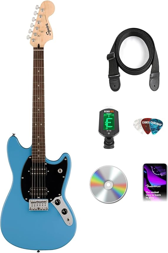 Fender Squier Sonic Mustang, Laurel Fingerboard, HH Electric Guitar Bundle with Tuner, Guitar Strap, Picks, and Austin Bazaar Instructional DVD - California Blue