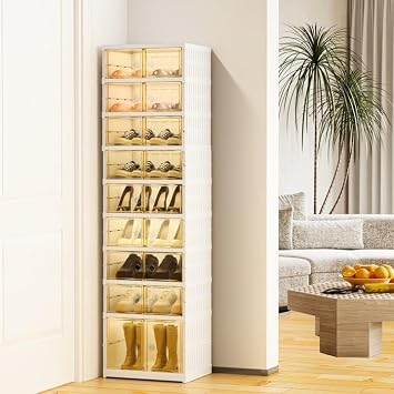 Foldable Shoe Rack Storage with Clear Door, Shoe Box Organizer Stackable Shoe Cabinet, Plastic Shoes Shelf with Lids Easy Assembly for Entryway, Closet, Living Room