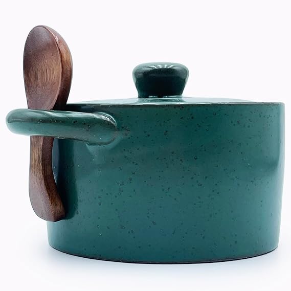 12 oz Ceramic Salt Cellar with Lid & Wooden Spoon,Countertop Salt Container,Sugar Bowl,Spices Jar| Artisan Kitchen Decor(Green B)