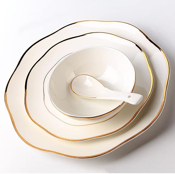Tabletop Dinner Set Fine Bone China Porcelain Dinnerware Set for 6 People,Creative Gold Border Dinnerware Set