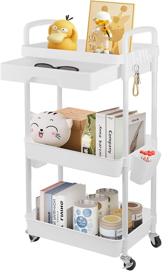 CROWNSHOP Beauty Trolley on Wheels - 3-Tier White Storage Trolley with Drawer- Kitchen Storage with Lockable Wheels | Plastic + Stainless Steel Mobile Organiser for Bathroom Office, 76x40x30cm