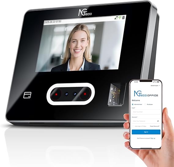 NGTeco Cloud Time Clock for Small Business,4-in-1 Remote Access Touchscreen | Employee Time Clock with Face, Fingerprint, RFID & PIN Check-in, Customizable Shift, 2.4G/5G WiFi, 10 Cards, 0 Monthly Fee