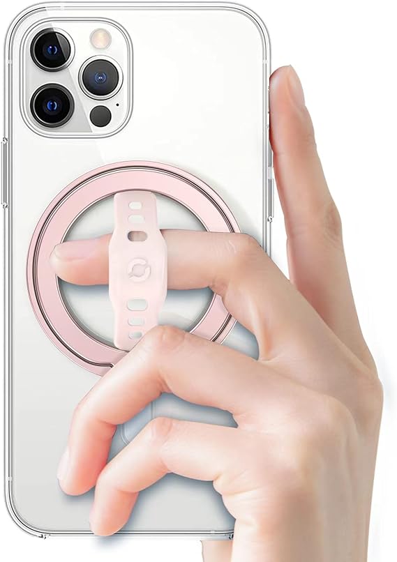 EWA MagOne (Upgrade) Compatible with MagSafe Phone Grip Stand with Silicone Finger Strap, Removable Magnetic Ring Holder Kickstand Loop, Only for iPhone 15, 14, 13 Pro/Max/Plus-(Rose Gold)