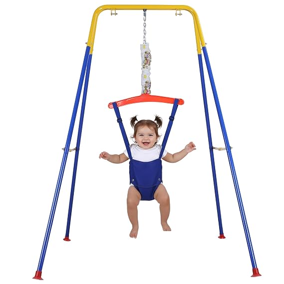 2 in 1 Baby Jumper, Indoor/Outdoor Portable Baby Swing Set with Adjustable Chain,Baby Door Jumper for Boys Girls 6-24 Months, Easy to Assemble & Store Blue