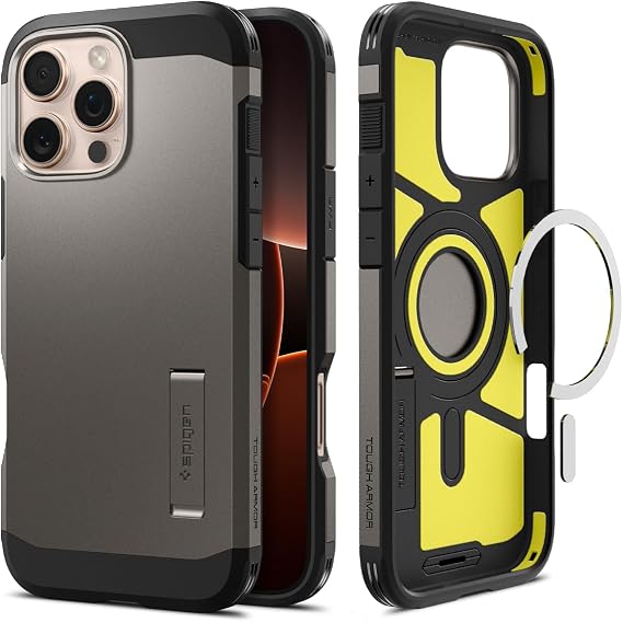 Spigen iPhone 16 Pro Max ile Uyumlu MagSafe Kılıf Tough Armor Mag Fit Stand özellikli Çift Katmanlı Zırh Koruma Füme Kapak - ACS08012 (Spigen TR Garantili)