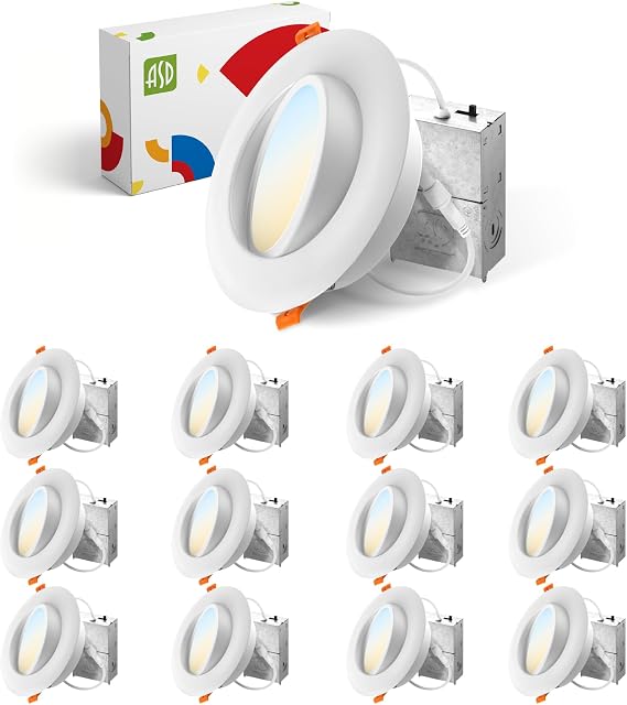 ASD 12 Pack 6 Inch Gimbal LED Recessed Lighting with Junction Box, 15W 1232LM Airtight Dimmable Directional Downlight, 2700K-5000K Adjustable Eyeball Swivel Canless Ceiling Light, UL Listed, White