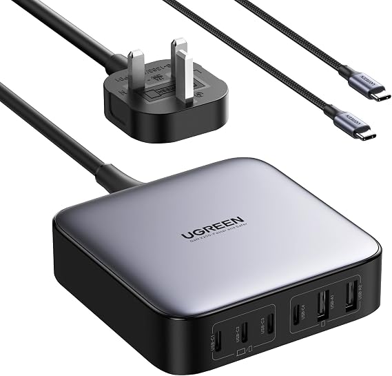 UGREEN USB C Charger Nexode 200W Plug 6 Ports GaN PD Desktop Power Adapter with 1m USB C Cable Compatible with MacBook Pro/Air, iPhone 17 Pro/Air/17/16/15, iPad Pro, Pixel 9, Galaxy S24/S23, etc