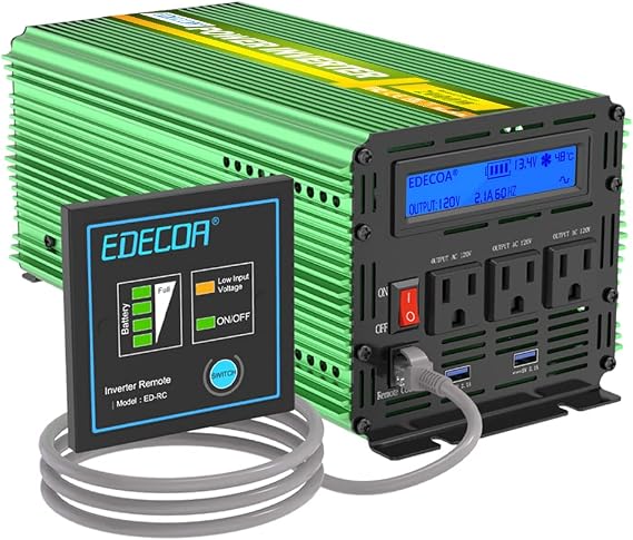 EDECOA 2000W Power Inverter 12V DC to 110V/120V AC with LCD | 2000W / 4000W peak. 3 outets + 2 USB Ports, EDRC remote controller. For emergency backup, RV