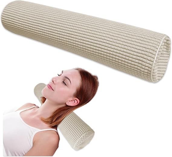 NANSHIE Neck Pillow for Sleeping, Cervical Neck Pillow Cylinder Bolster Pillow, Round Foam PillowCore Plush Washable Cover, Multi-Functional Support Pillow for Home Office Travel Yoga (Khaki)