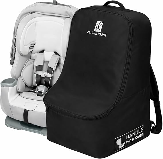 J.L. Childress Padded Backpack Car Seat Bag - Car Seat Travel Bag for Airplane, Fits Most Baby & Infant Carriers & Bootsters, Accessories for Gate or Baggage Check, AirTag Compatible - Deluxe, Black
