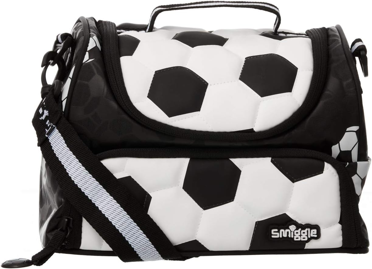 Smiggle Goal School Double Decker Lunchbox for Boys & Girls with Strap, Carry Handle & Dual Compartments | Football Print