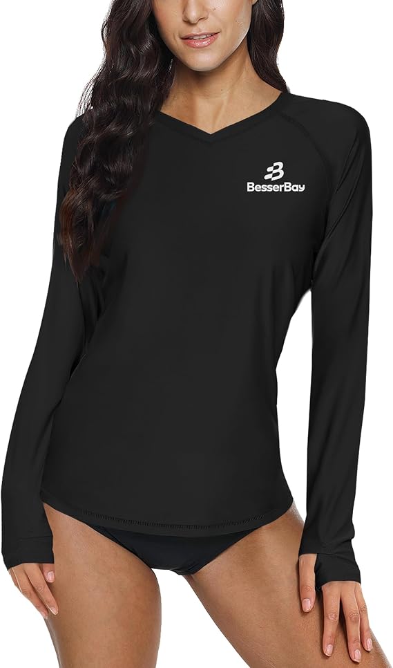 BesserBay Women's UPF 50+ V Neck Thumb Holes Long Sleeve Rashguard Top Shirt