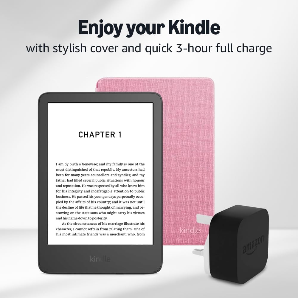 Kindle (2024 Release) 16 GB without ads, an Amazon Fabric Cover and an Amazon Powerfast 9W Power Adapter