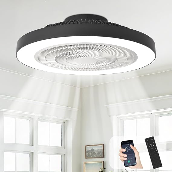 Depuley Flush Mount Ceiling Fan: 20 Inch Bedroom Modern Low Profile Led Ceiling Fans with Light - Smart APP and Remote Control Black Bladeless Fandelier Dimmable Quiet DC Motor for Kitchen Lighting [Energy Class F]