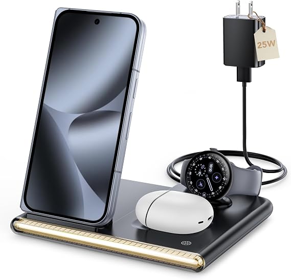 3 in 1 Wireless Charging Station with Night Light for Google Pixel Watch 4 | Google Wireless Charger for Pixel 10, Night Light Charging Dock, Travel Pixel Phone Charger Stand(Only for Google Watch 4)
