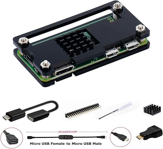 GeeekPi Case Kit for Raspberry Pi Zero 2 W/Zero/Zero W, 7 in 1 Basic Starter Kit with Acrylic Case, 20Pin GPIO Header, OTG Cable, Switch Cable, HDMI Adapter, Heatsink and Screwdriver (Black)