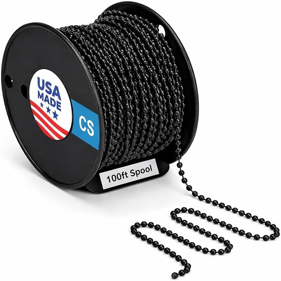 Black #10 Beaded Ball Chain (4.5mm) - USA Made Carbon Steel (CS) 100 Feet Spool for Vertical Window Blinds, Plumbing & Industrial Equipment Labeling, Commercial Retaining Applications, (10XBCS)