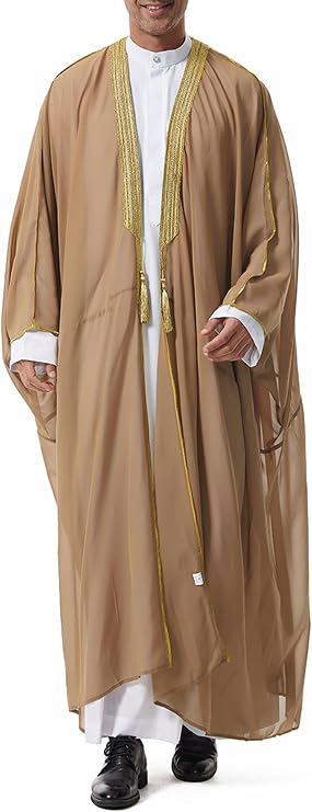 OBEEII Men Muslim Thobe Open Front Chiffon Ramadan Abaya Cardigan Dubai Saudi Embroidery Eid Islamic Clothes Prayer Kaftan