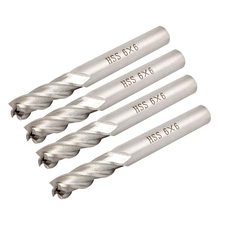 uxcell 4 Pcs Hss Straight Shank 4 Flute End Mill 6 mm x 6 mm x 57 mm Pack of 4