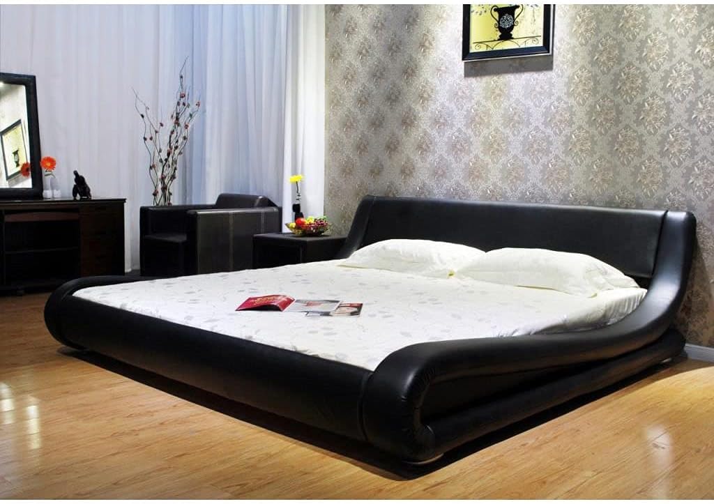 Modern Trending Waved Bed, Upholstered Faux Leather, Easy Assembly, Strong Wood Slats Support Platform Bed Full Size, Black Color