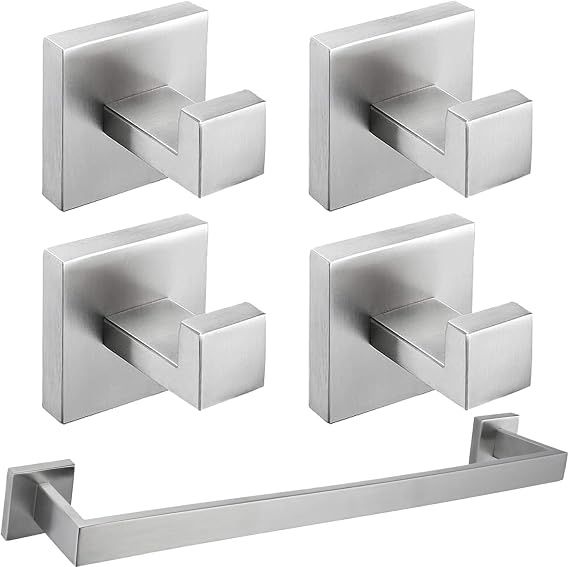 Nolimas Brushed Nickel Bathroom Hardware Set 5 Pieces SUS304 Stainless Steel Square Wall Mounted Including 24Inch Towel Rack Wall Mounted, Robe Towel Hooks,Bathroom Accessories Kit