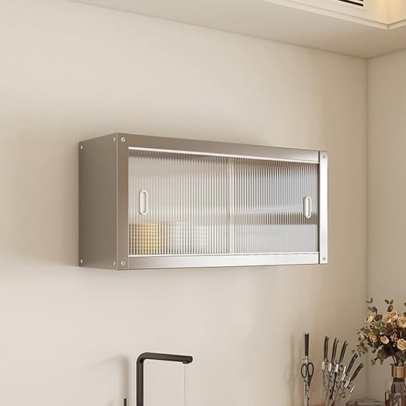Stainless Steel Kitchen Wall Cabinet with Acrylic Sliding Doors, 2-Tier Metal Wall Mounted Hanging Storage Organizer for Spices and Dishes