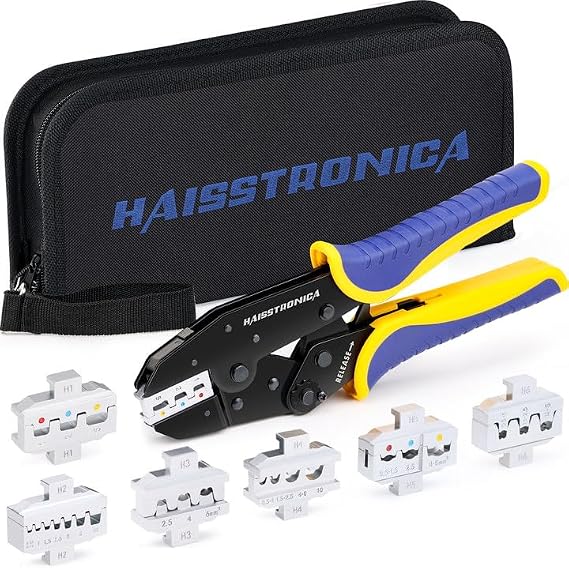 haisstronica Quick Change Ratchet Crimping Tool Kit, 6 Dies, Oxford Bag | Secure Slide-In Jaw Lock, Adjustable Pressure Knob, 9-Inch Handle, Portable Storage, Home and Workshop Wiring