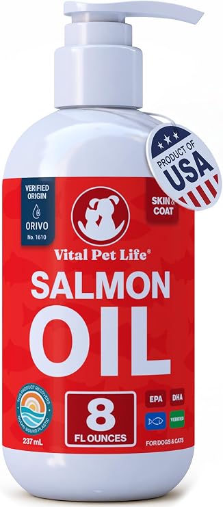 Salmon Oil for Dogs & Cats, Healthy Skin & Coat, Liquid Fish Omega 3, 8 oz | Soft Shiny Glossy Coat, EPA DHA, Immune System & Heart Function Support, Normal Shedding, Supplement for Pets
