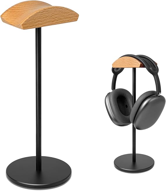 Headphone Stand for Desk - Gaming Headset Stand with Wooden Support Plate, Headset Holder with Aluminum Alloy Support Rod
