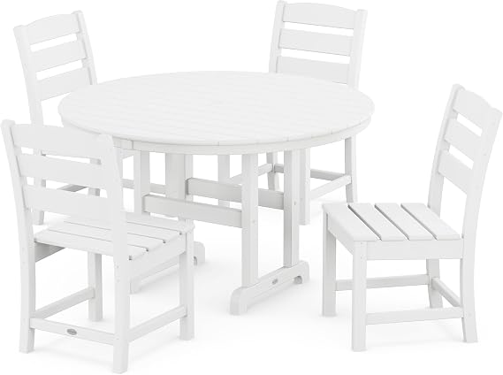 POLYWOOD Lakeside 5-Piece Outdoor Dining Set, Recycled HDPE Plastic Patio Furniture, Bistro Table and 4 Chairs, All-Weather Fade Proof, White, Made in USA