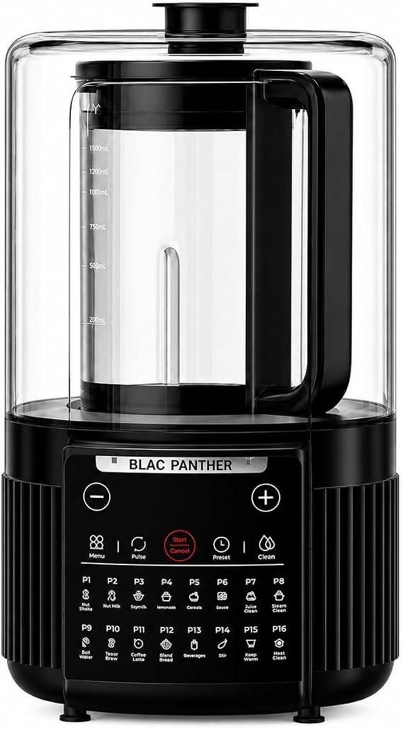 Blac Panther 16-in-1 Blender and Nut Milk Maker - 50oz Auto Timer Jug with 8 High-Speed Blades & Quiet Motor for Soy, Oat, Almond Milk, Smoothies, Milkshakes and Soup - Heat Insulation