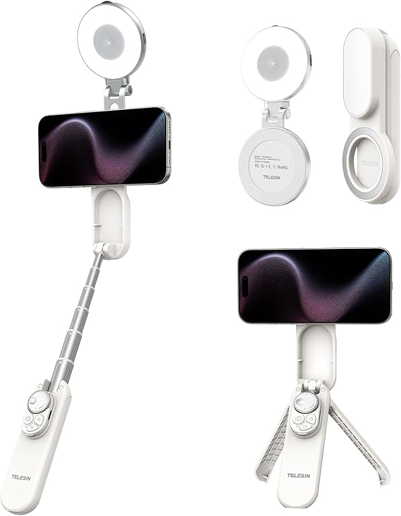 TELESIN Magnetic Selfie Stick Tripod with Selfie Light | Portable Mini Phone Tripod with Zoom Remote & Phone Ring Light for iPhone/Android, Mirror iPhone Light for TikTok/Photography
