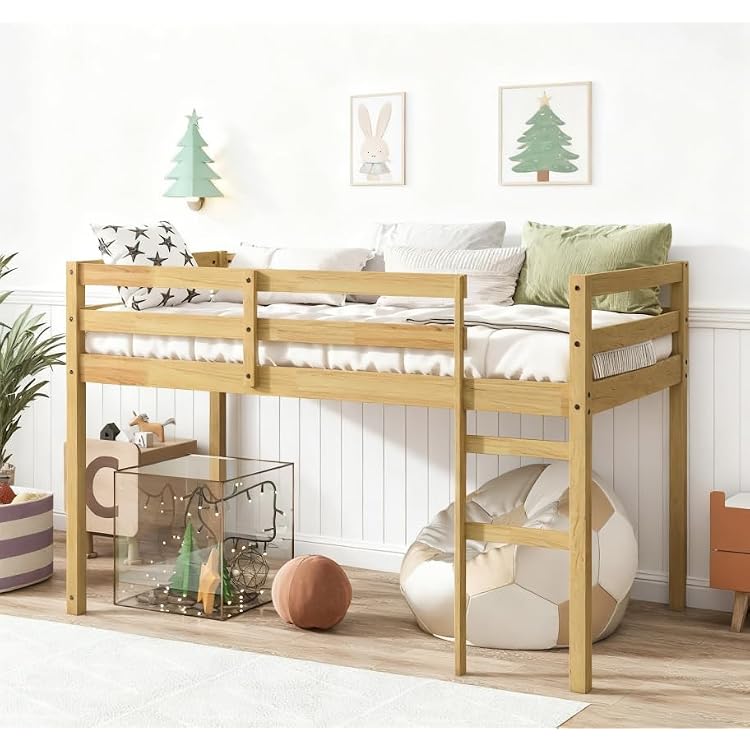 Bellemave Low Loft Bed, Wood Twin Loft Bed Frame with Guardrail for Kids Boys Girls, No Box Spring Needed, Natural