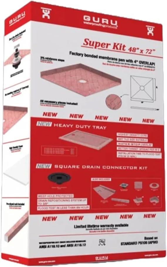GURU USA SuperKit Square Shower Kit with Heavy Duty Tray, Water-Stop Membrane Roll, Hair Strainer, Bathroom Accessories Set without Drain, 48" x 72", Center Drain, PVC Connector