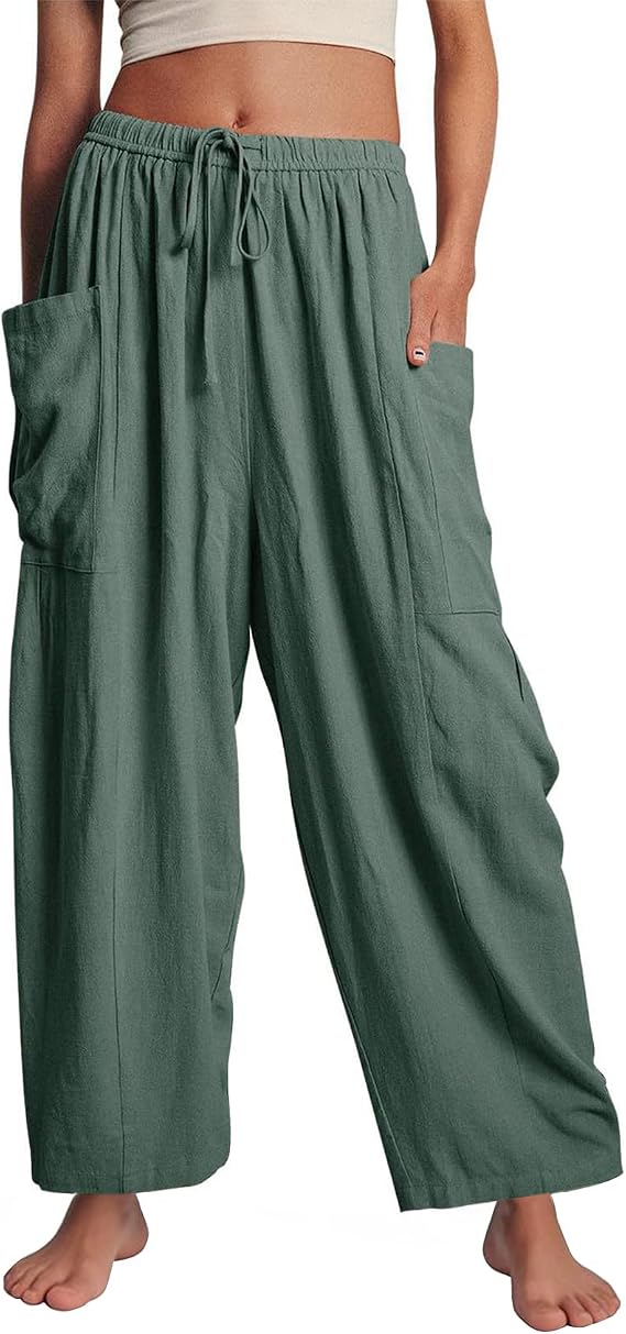Flygo Women's Flowy Drawstring Wide Leg Pants with Side Pockets