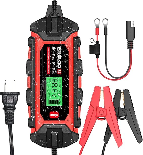 GOOLOO S4 4A Car Battery Charger, 6V/12V Smart Trickle Charger Maintainer | Automatic Motorcycle Battery Charger for Truck Lawn Mower RV Boat, Pulse Desulfation for AGM/GEL/FLOODED/LiFePO4, LCD Display