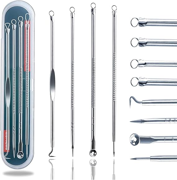 Blackhead Remover Pimple Popping Acne Extraction 4 PCS Tool Set, Blemish Scar Care for Facial Treatment-Stainless Steel Skin Care Comedone Extractor Zit Removing for Nose Face Cheeks Forehead(Silver)