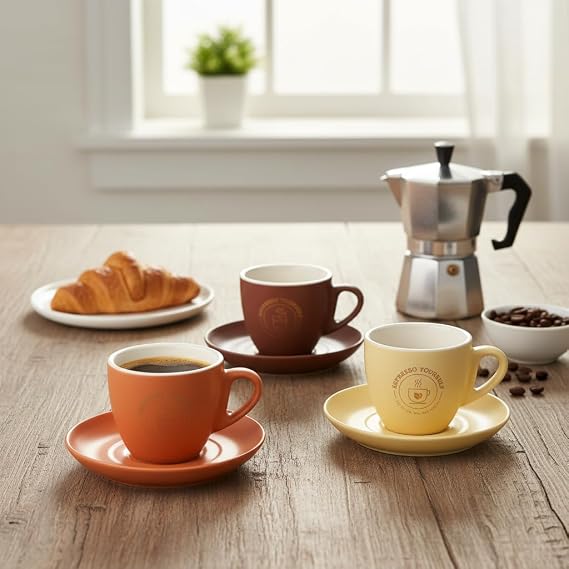 Deconox Porselen Fincan ve Tabak Seti 200 ml - Özel Kutulu Asorti Renkli (Pastel Tonlar) Altın Yaldız Detaylı Hediyelik Fincan (1 Kişilik)