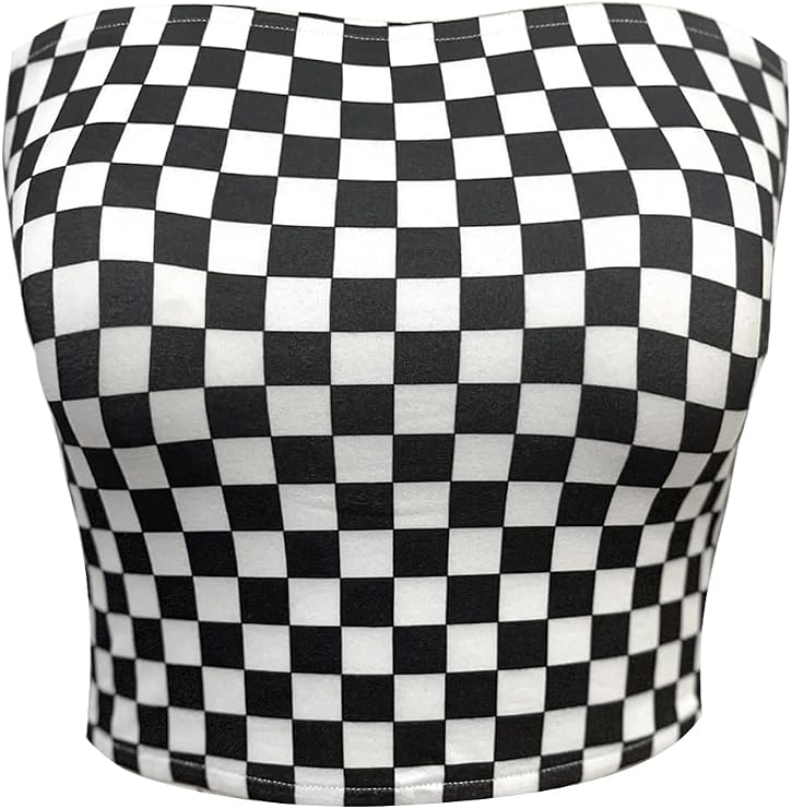 WSPLYSPJY Women's Y2K Checkered Crop Tops Sexy Strapless Tube Top Black