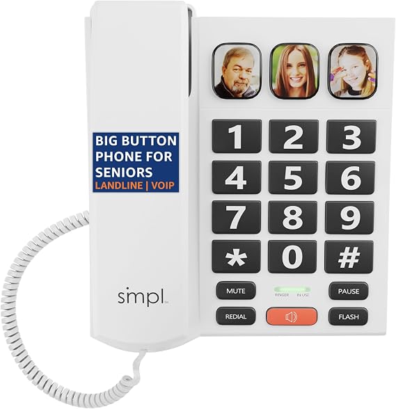SMPL Big Button Phone for Seniors, Simple Corded Landline Home Telephone for Elderly, Handicap, Alzheimers, Dementia, Hearing & Vision Impaired 56021