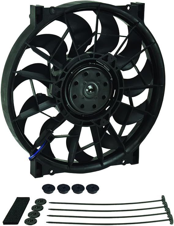 Derale 16925 Electric Cooling Fan, HO RAD, 12 in Fan, Push/Pull, 2000 CFM, 12V, Curved Blade, 12.625 x 12.625 in, 3.125 in Thick, Install Kit, Plastic, Kit