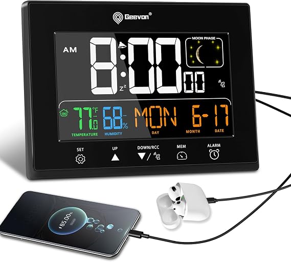 Geevon Digital Atomic Wall Clocks for Seniors Elderly | Self-Setting VA Display Battery Clock with Temp & Humidity,With 2 USB Ports, Calendar & Moon Phases for Living Room Office