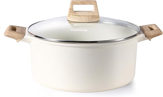 CAROTE Nonstick Stock Pot with Lid, 6 Quart White Granite