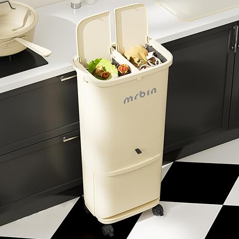 MRBIN 3 in 1 Removable Vertical Trash and Recycle Bin Combo, 42L11gal Tall Double Layer Triple Compartment Slim Plastic Waste Basket with Press Top Lid for Kitchen, Office, Rv, White