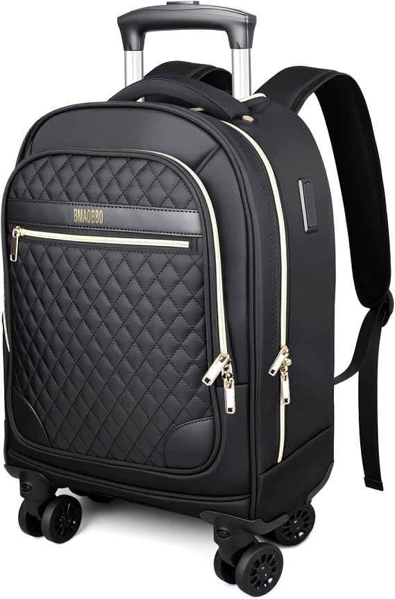 Women's 15.6" Wheeled Backpack -Lightweight Travel Trolley Carry-On Luggage (52x32x20cm) -Waterproof laptop bag on wheels & Telescopic Handle for Business, College, and Airplanes -30L Capacity - Black