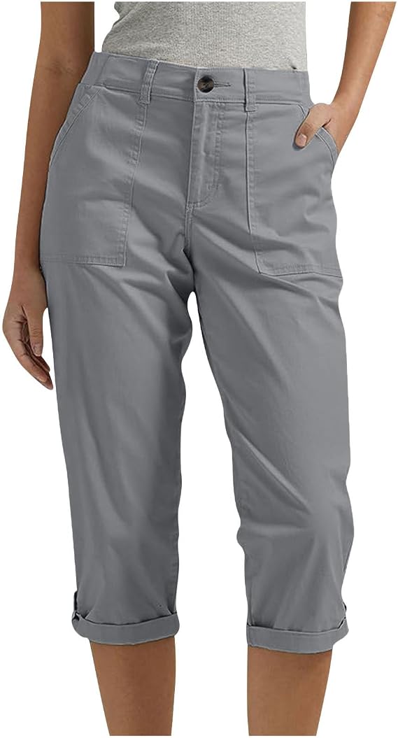 Capri Pants for Women High Waisted Button Rolled Hem Knee Length Cropped Pant Summer Slim Fit Capris with Pockets